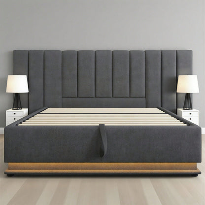 Polsterbett 180*200, Doppelbett Stauraumbett mit LED und USB-C Ladefunktion, Bettgestell mit Lattenrost, Leinen, Beige, Ohne Matratze und Nachttisch