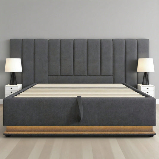 Polsterbett 180*200, Doppelbett Stauraumbett mit LED und USB-C Ladefunktion, Bettgestell mit Lattenrost, Leinen, Beige, Ohne Matratze und Nachttisch