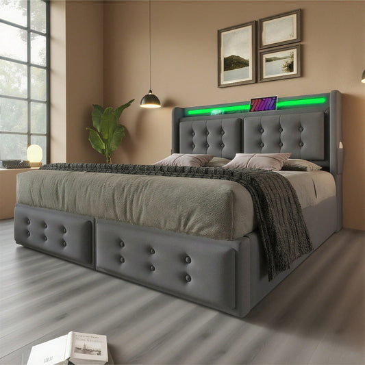 Polsterbett 160x200, Doppelbett mit Led-Kopfteil und USB C Ladefunktion, Hydraulisches Bett mit Lattenrost aus Holz und Metallrahmen, Belastbarkeit 300 kg,Grau,Baumwolle