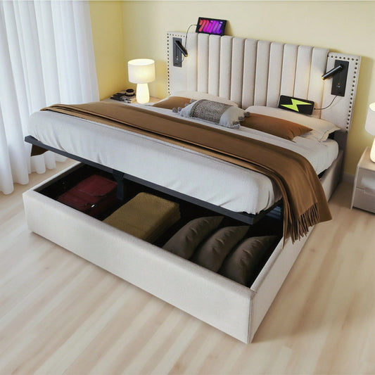 Polsterbett 140x200,Doppelbett Stauraum Bettkasten ,Leselicht mit USB Ladefunktion Kopfteil,Rückenlehne mit Nietendesign,Bett mit Lattenrost und Bettkasten, Baumwolle, Grau