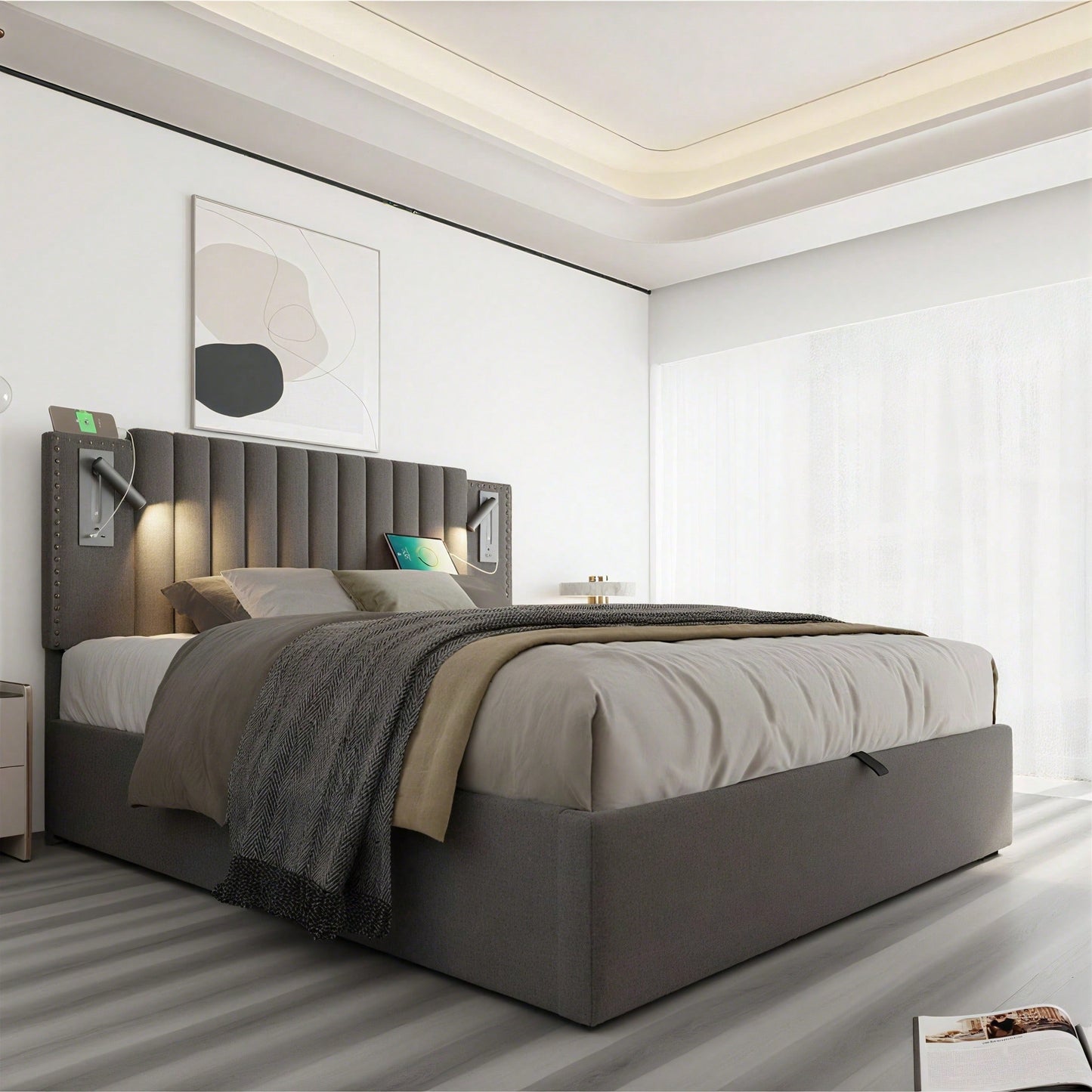 Polsterbett 140x200,Doppelbett Stauraum Bettkasten ,Leselicht mit USB Ladefunktion Kopfteil,Rückenlehne mit Nietendesign,Bett mit Lattenrost und Bettkasten, Baumwolle, Grau