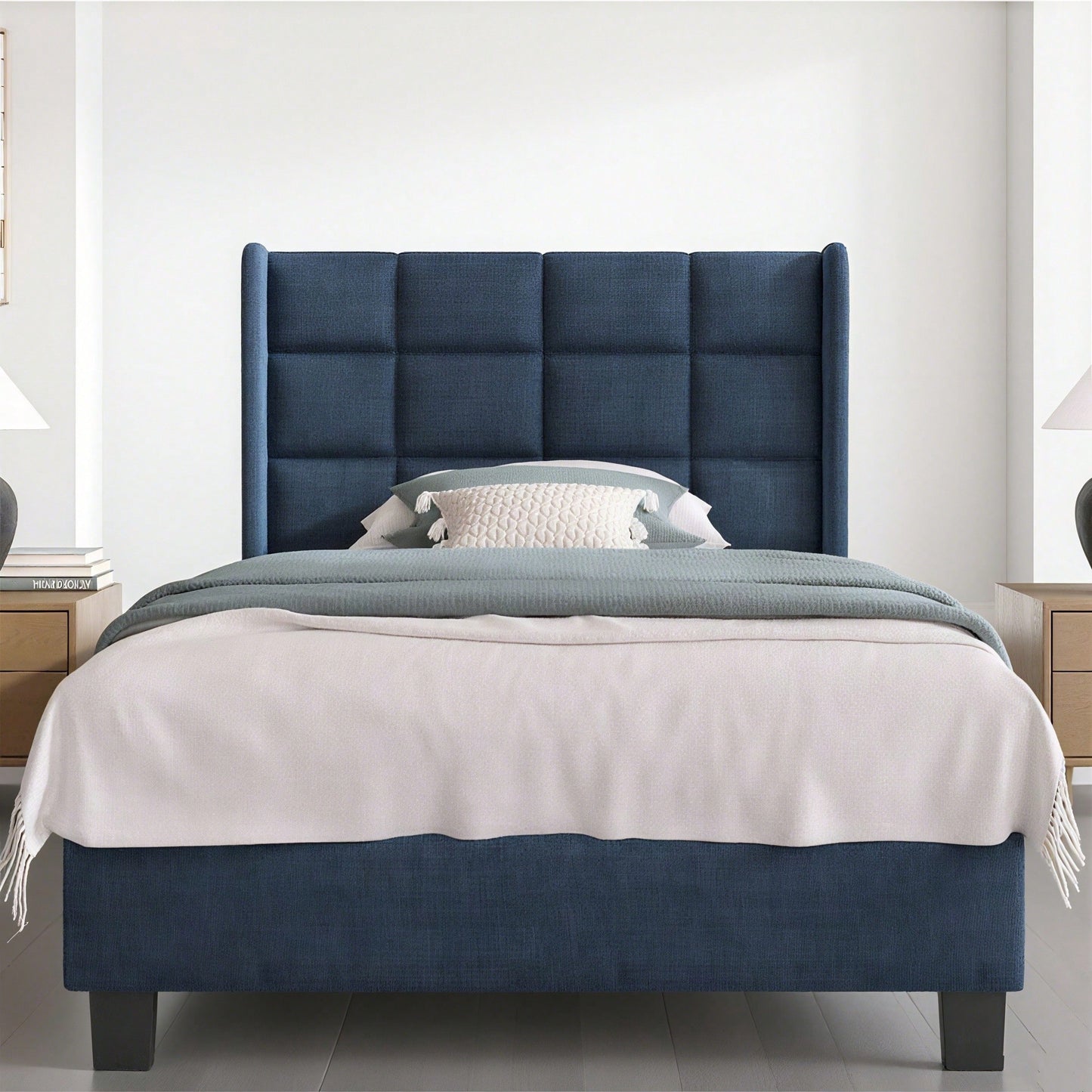 Modernes Design Polsterbett Mit seinem gepolstertes Kopfteil Einzelbett mit Lattenrost, 90x200cm ,in Blau Leinen, mittelfest
