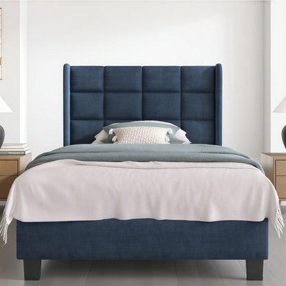 Modernes Design Polsterbett Mit seinem gepolstertes Kopfteil Einzelbett mit Lattenrost, 90x200cm ,in Blau Leinen, mittelfest