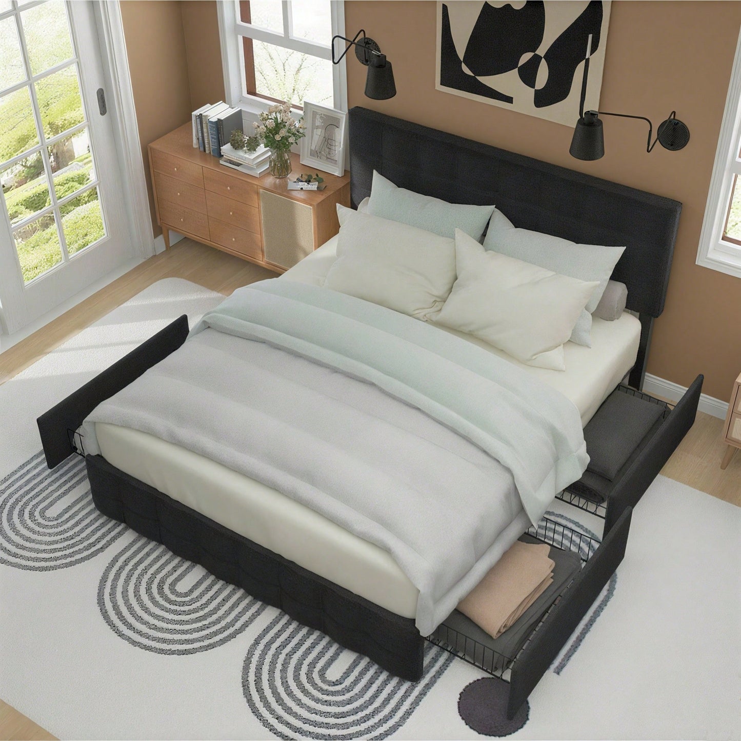 Polsterbett mit 4 Schubladen, Doppelbett mit Lattenrost, Stauraum Bett, höhenverstellbares Kopfteil & quadratisches Nähdesign, Metalllattenstütze, Leinenmaterial