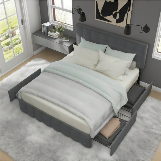 Polsterbett mit 4 Schubladen, Doppelbett mit Lattenrost, Stauraum Bett, höhenverstellbares Kopfteil & quadratisches Nähdesign, Metalllattenstütze, Leinenmaterial