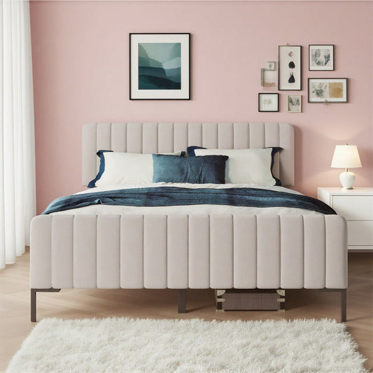 Polsterbett Doppelbett 160 x 200 cm, Bettgestell mit Lattenrost und Verstellbares Kopfteil, Gepolstertes bett in Grau-Beige,Bettrahmen Jugendbett für Schlafzimmer Gästezimmer-Leinenmaterial