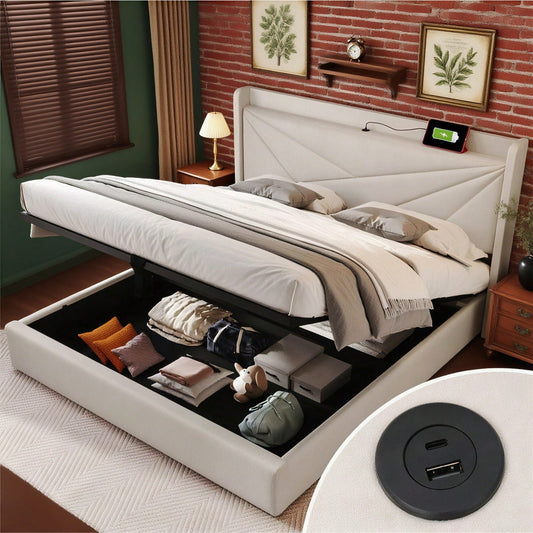 Polsterbett Doppelbett Stauraum Bettkasten mit USB Typ C Ladefunktion Kopfteil,ohne Matratze, Stauraumbetten Bettgestell aus Leinenmaterial Jugendbett 160x200 mit lattenrost