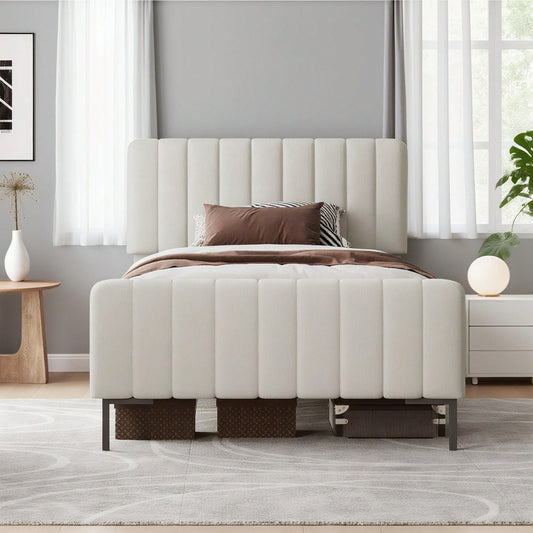 Polsterbett Einzelbett 90 x 200 cm, Bettgestell mit Lattenrost und Verstellbares Kopfteil, Gepolstertes bett in Grau-Beige,Bettrahmen Jugendbett für Schlafzimmer Gästezimmer-Leinenmaterial