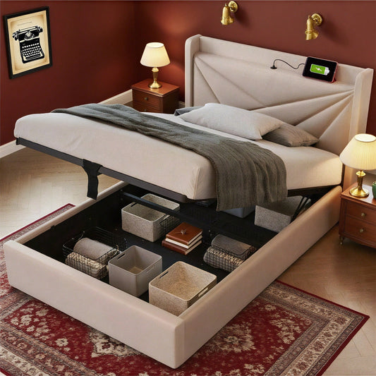 Polsterbett Einzelbett Stauraum Bettkasten mit USB Typ C Ladefunktion Kopfteil,Stauraumbetten Bettgestell aus Leinenmaterial Jugendbett 90x200 mit lattenrost