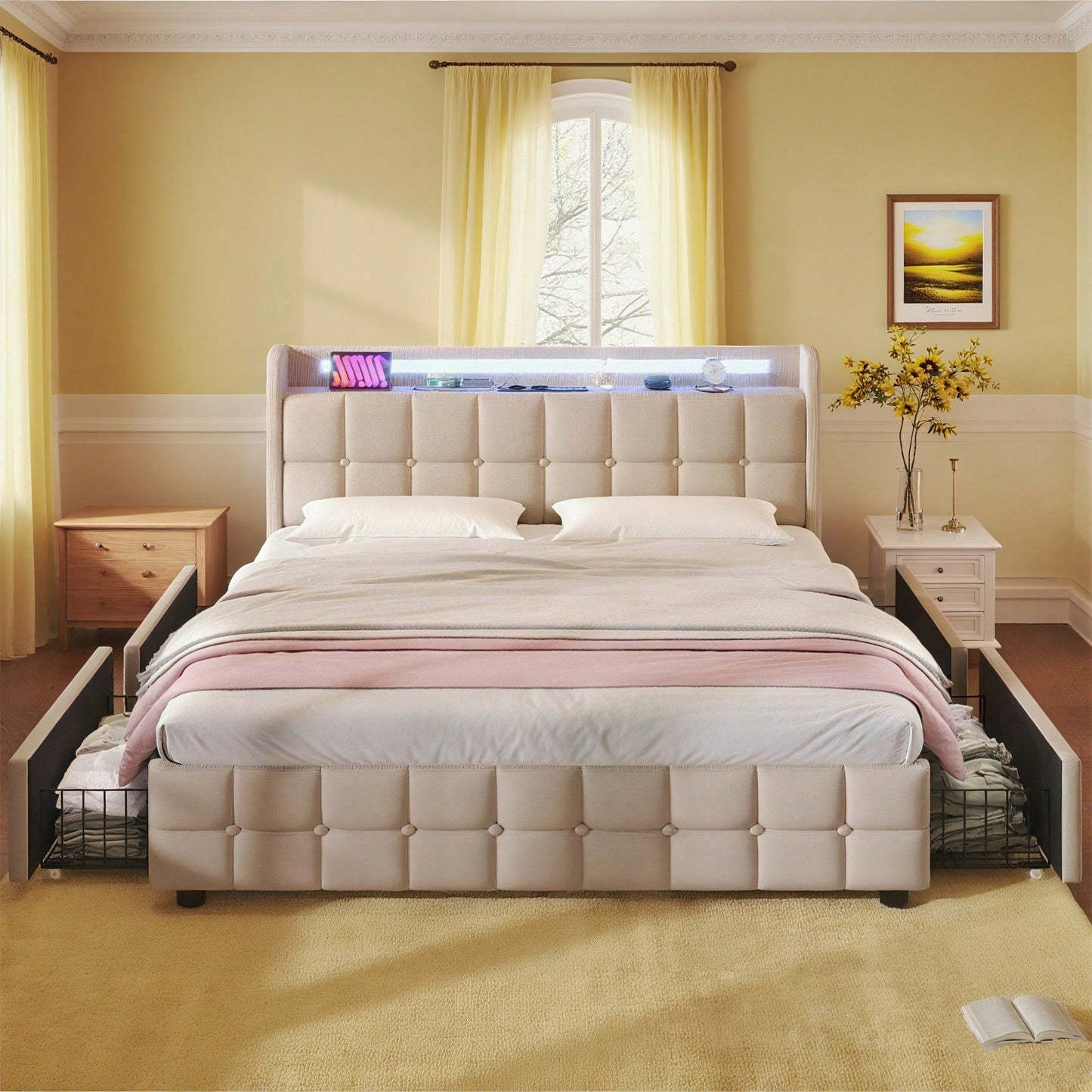 Polsterbett mit aufladen USB Ladefunktion Kopfteil und LED-Beleuchtung und 4 Schubladen,Doppelbett 140x200cm Stauraumbetten Bettgestell, Lattenrost aus Holz, Beige