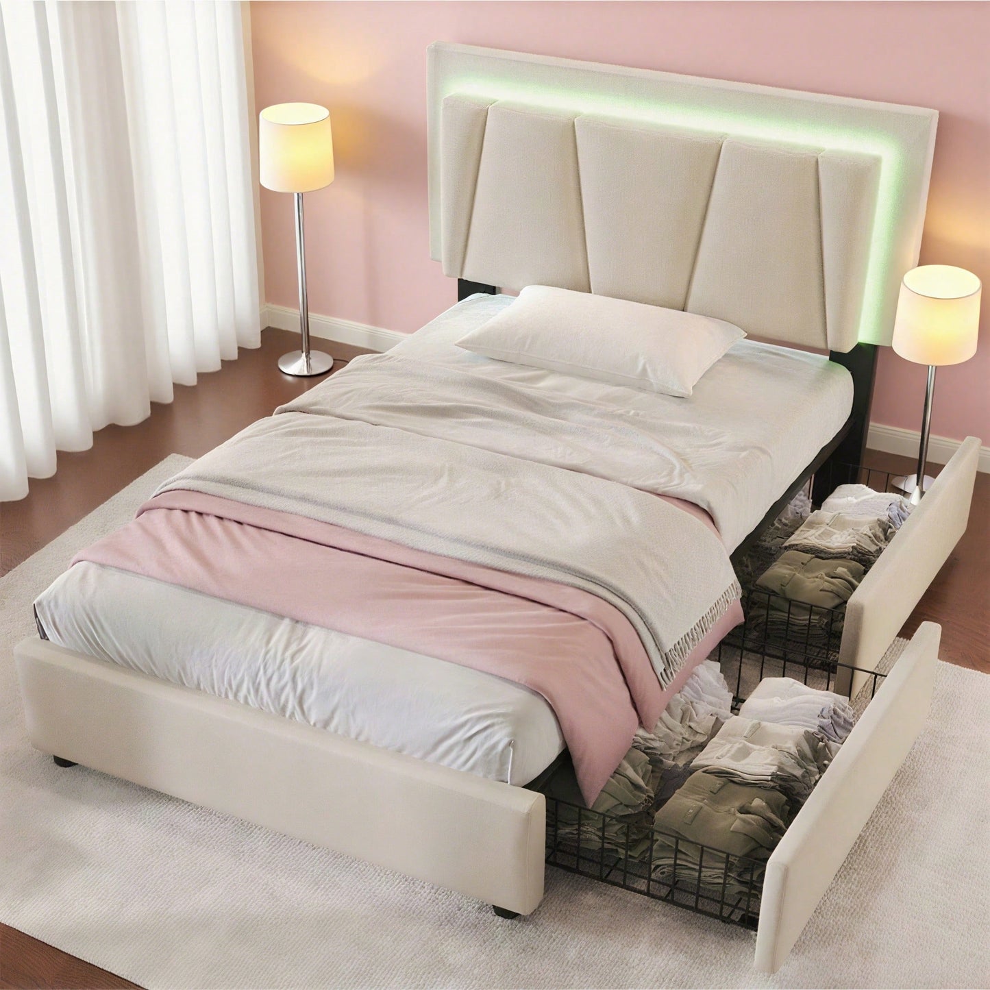Polsterbett mit LED-Beleuchtung und 2 Schubladen,Höhenverstellbarem Kopfteil,Einzelbett 90x200cm Stauraumbetten Bettgestell, Lattenrost aus Holz,Garu