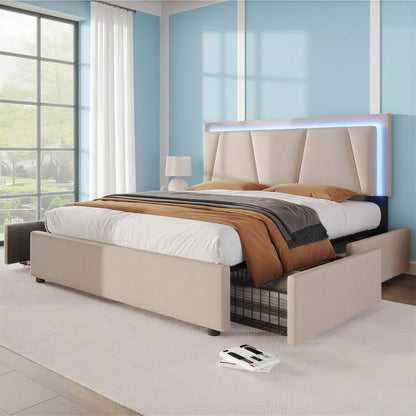 Polsterbett mit LED-Beleuchtung und 4 Schubladen,Höhenverstellbarem Kopfteil,Doppelbett 160x200cm Stauraumbetten Bettgestell, Lattenrost aus Holz, Beige