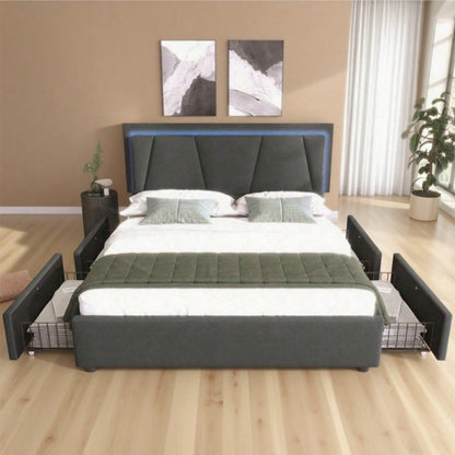 Polsterbett mit LED-Beleuchtung und 4 Schubladen,Höhenverstellbarem Kopfteil,Doppelbett 140x200cm Stauraumbetten Bettgestell, Lattenrost aus Holz, Beige