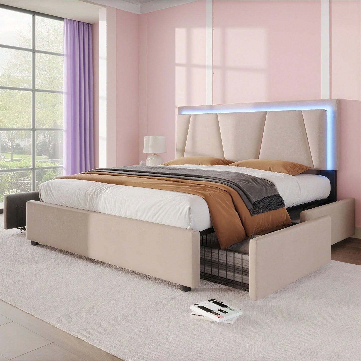 Polsterbett mit LED-Beleuchtung und 4 Schubladen,Höhenverstellbarem Kopfteil,Doppelbett 140x200cm Stauraumbetten Bettgestell, Lattenrost aus Holz, Beige