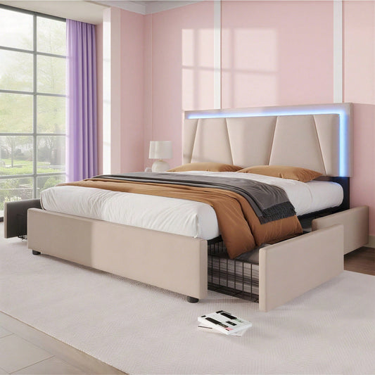 Polsterbett mit LED-Beleuchtung und 4 Schubladen,Höhenverstellbarem Kopfteil,Doppelbett 140x200cm Stauraumbetten Bettgestell, Lattenrost aus Holz, Beige