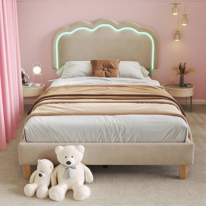 Polsterbett LED Einzelbett 90 x 200cm, Bettgestell mit Lattenrost und Verstellbares Kopfteil, Gepolstertes bett in Rosa,Bettrahmen Jugendbett für Schlafzimmer Gästezimmer-Samt