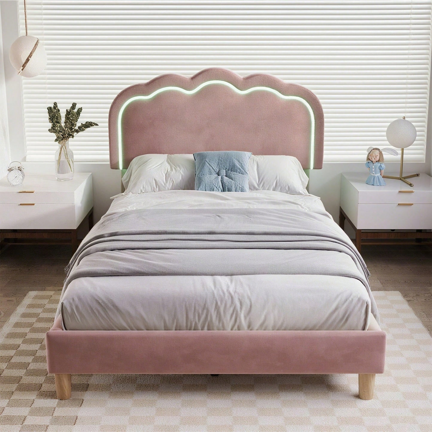 Polsterbett LED Einzelbett 90 x 200cm, Bettgestell mit Lattenrost und Verstellbares Kopfteil, Gepolstertes bett in Rosa,Bettrahmen Jugendbett für Schlafzimmer Gästezimmer-Samt