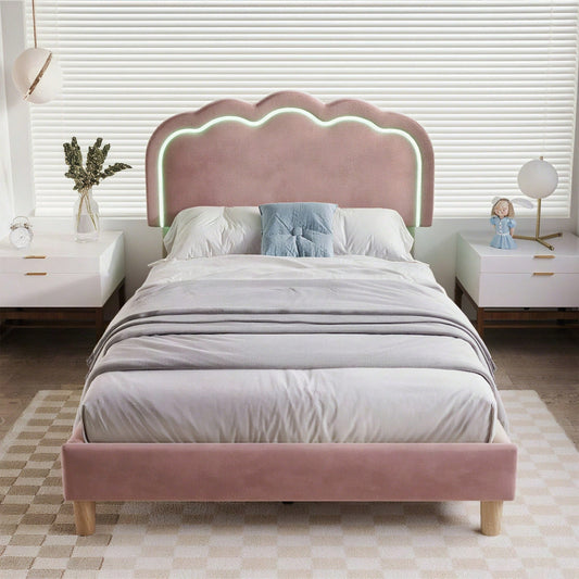 Polsterbett LED Einzelbett 90 x 200cm, Bettgestell mit Lattenrost und Verstellbares Kopfteil, Gepolstertes bett in Rosa,Bettrahmen Jugendbett für Schlafzimmer Gästezimmer-Samt