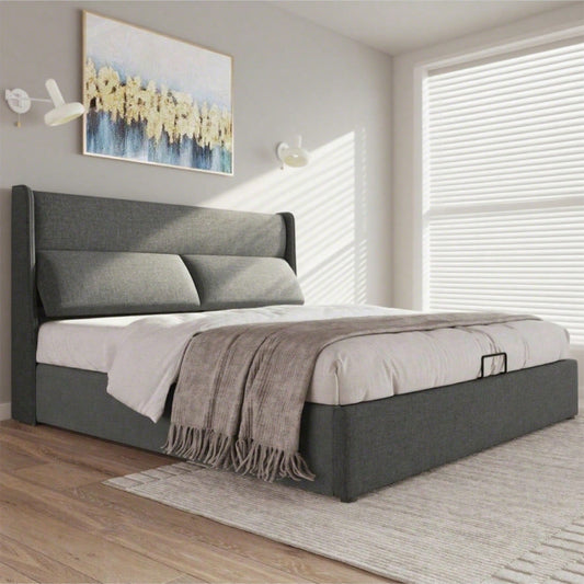 Polsterbett Doppelbett mit Verstellbare Kopfstützen,Stauraumbetten Bettgestell aus Leinenmaterial Jugendbett 160x200 mit lattenrost