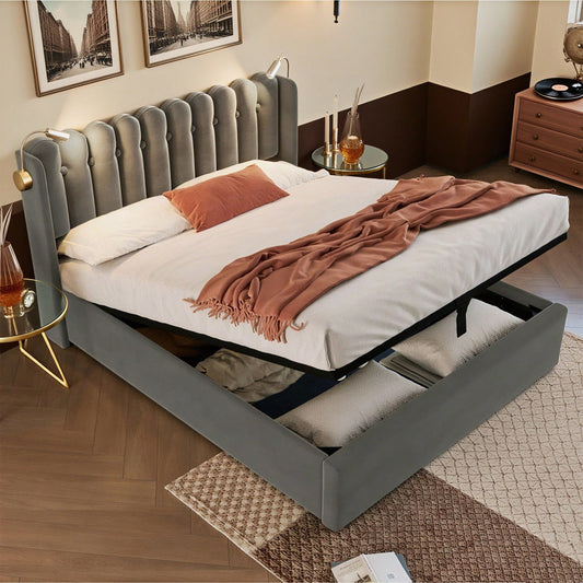 Polsterbett Doppelbett Leselicht mit Ladefunktion Kopfteil Stauraum Bettgestell Samt Jugendbett 140x200 mit lattenrost,Grau