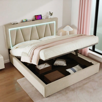 Polsterbett LED Doppelbett mit USB Typ C Ladefunktion und LED-Beleuchtung,Stauraumbetten Bettgestell aus Leinenmaterial Jugendbett 160x200 mit lattenrost