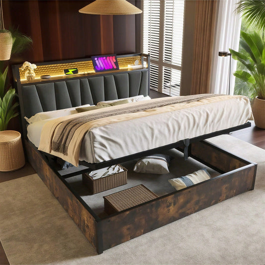 Polsterbett Metallbett LED App-Control Doppelbett mit aufladen USB Ladefunktion Kopfteil und LED-Beleuchtung,Metallbett 140x200cm Lattenrost aus Holz, Grau