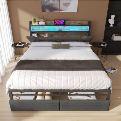 Polsterbett mit USB Typ C Ladefunktion Stauraum-Kopfteil und LED-Beleuchtung und Schubladen, Doppelbett 140x 200 Stauraumbetten Bettgestell mit Lattenrost aus Metallrahmen, Grau