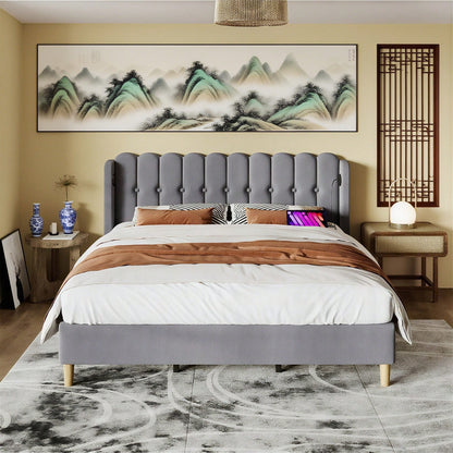 Polsterbett Doppelbett mit USB Typ C Ladefunktion, Bettgestell mit Lattenrost , Gepolstertes bett in Grau,180 x 200 cm Bettrahmen Jugendbett für Schlafzimmer Gästezimmer-Leinenmaterial