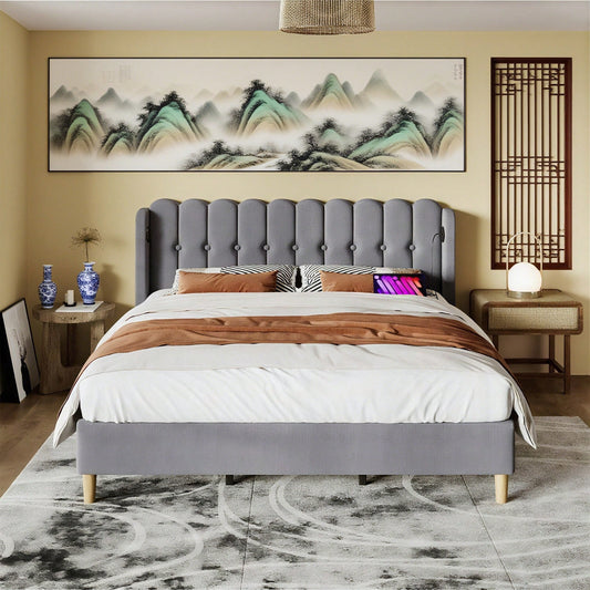 Polsterbett Doppelbett mit USB Typ C Ladefunktion, Bettgestell mit Lattenrost , Gepolstertes bett in Grau,180 x 200 cm Bettrahmen Jugendbett für Schlafzimmer Gästezimmer-Leinenmaterial