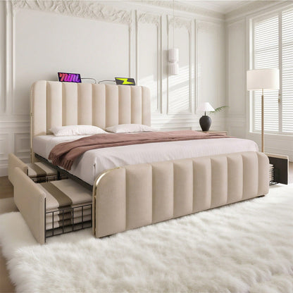 Polsterbett Doppeltes, gepolstertes Kopfteil mit goldenen Zierstreifen und ,USB Typ-C Ladefunktion 160*200 cm, Beige Leinen-Material mit 4 Schubladen ,Belastbarkeit 200 kg