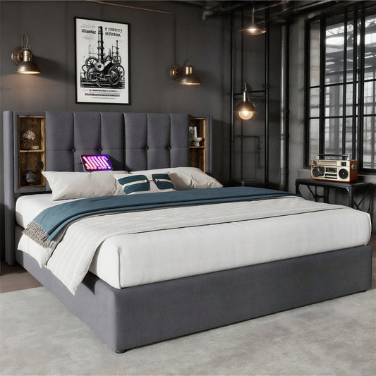 Doppelbett mit Kabellosem Laden USB C, Polsterbett Bettgestell 140x200cm,Bettgestell mit Stauraum Lattenrost aus Holz-Grau Baumwolle
