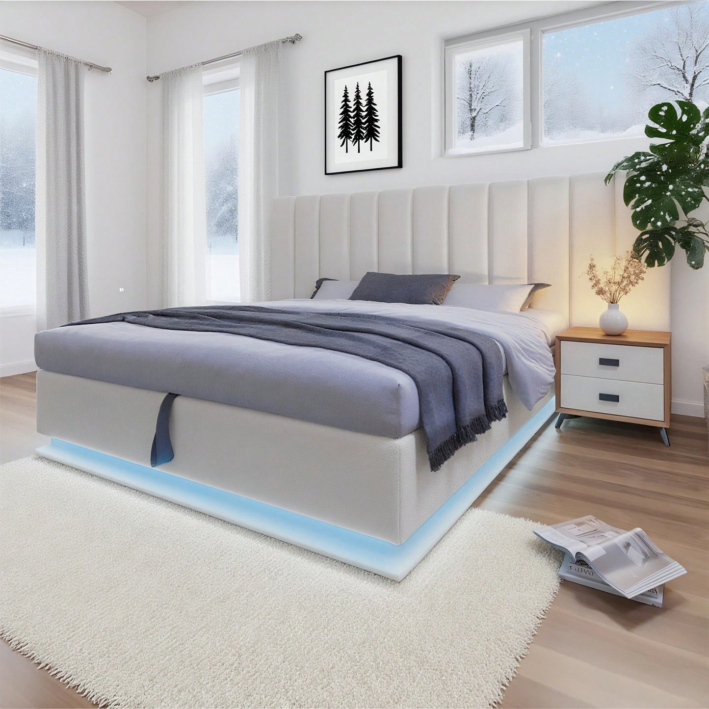 Polsterbett 180*200, Doppelbett Stauraumbett mit App Control LED und USB-C Ladefunktion, Bettgestell mit Lattenrost, PU, Weiß, Ohne Matratze und Nachttisch