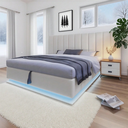 Polsterbett 180*200, Doppelbett Stauraumbett mit App Control LED und USB-C Ladefunktion, Bettgestell mit Lattenrost, PU, Weiß, Ohne Matratze und Nachttisch