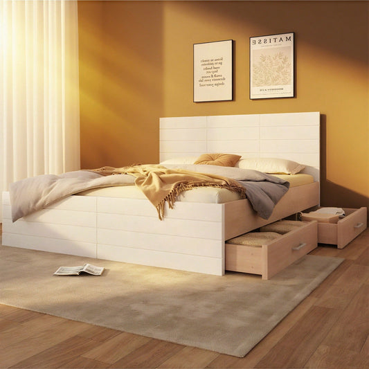 Doppelbett Holzbett Bettanlage 160*200cm mit 2 Schubladen,Modernes Bett inkl. Bettgestell &Lattenrost-207*80*165cm (L*H*B) Set in Eiche/Weiß