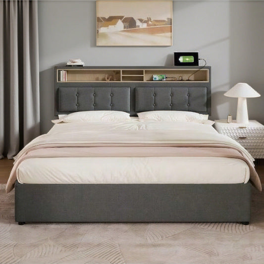 Polsterbett Doppelbett mit USB C Steckdose Ladefunktion Kopfteil,Stauraumbetten Bettgestell aus Leinenmaterial Jugendbett 140x200 mit lattenrost