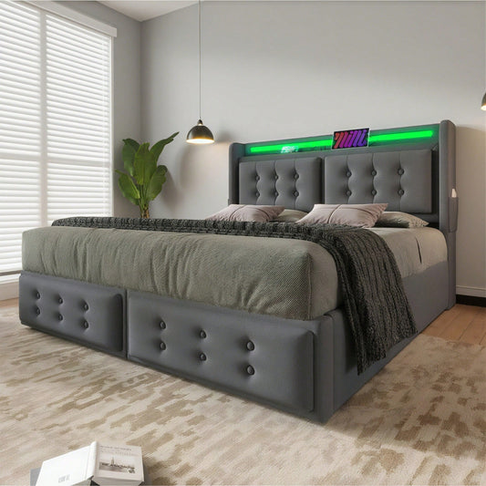 Polsterbett 180x200, Doppelbett mit Led-Kopfteil und USB C Ladefunktion, Hydraulisches Bett mit Lattenrost aus Holz und Metallrahmen, Belastbarkeit 300 kg,Grau,Baumwolle