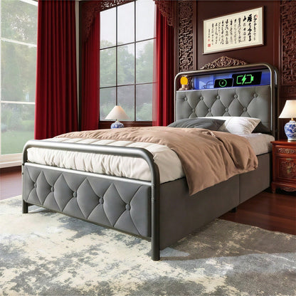 Polsterbett Einzelbett mit aufladen USB Type C Ladefunktion APP-Control LED Bettgestell Metallbett 90*200 Bettrahmen und 2 Schubladen, Samt