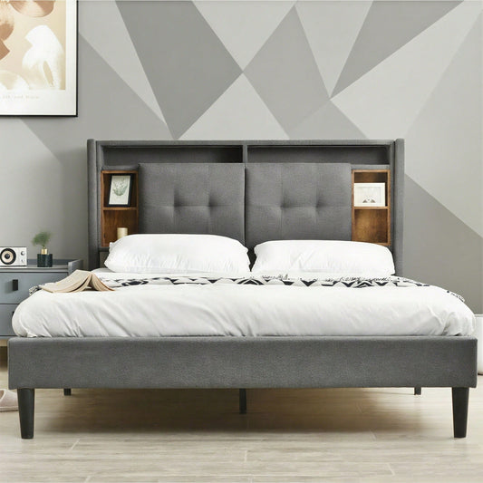 Polsterbett Doppelbett Stauraum-Kopfteil Bett mit aufladen USB und LED-Beleuchtung Bettgestell Lattenrost aus Holz,140*200CM Grau