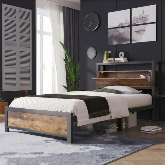 Metallbett Jugendbetten Einzelbett 90 x 200 cm mit Stauraum-Kopfteil und Metall Lattenrost, Kinderbett Metall Bettgestell Bettrahmen Für Erwachsene, Kinder, Jugendliche,Schwarz Industrielles Bett