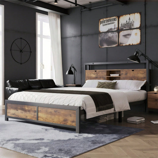 Metallbett Jugendbetten Doppelbett 140 x 200 cm mit Stauraum-Kopfteil und Metall Lattenrost, Kinderbett Metall Bettgestell Bettrahmen Für Erwachsene, Kinder, Jugendliche