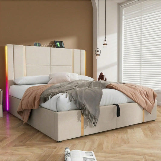 Polsterbett Doppelbett USB Type C Ladefunktion APP-Control LED 160*200 Stauraumbetten Bettgestell, Lattenrost aus Holz,Beige Leinenmaterial