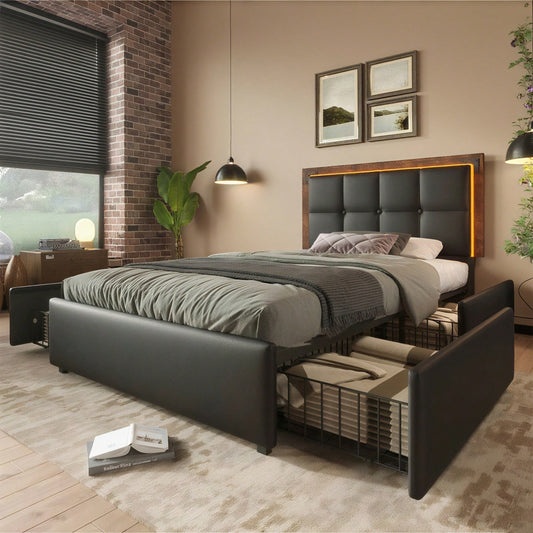 Bettgestell mit LED-Beleuchtungsleiste und 4 Schubladen, Einzelbett Polsterbett 90x200cm, Höhenverstellbarem Kopfteil, Funktionsbett, PU Schwarz