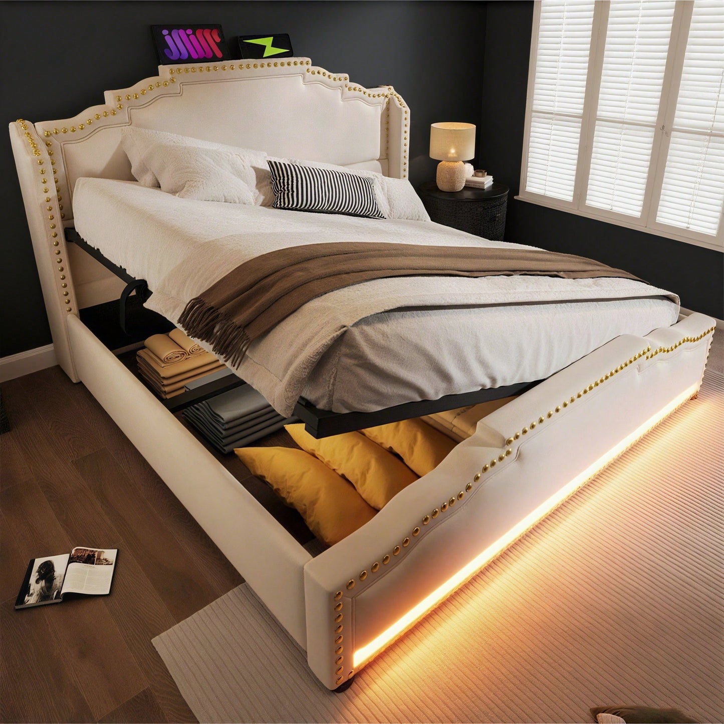 Polsterbett 160x200, Doppelbett mit hydraulischem Stauraum, LED-Beleuchtung und USB-C-Ladeanschluss, Stauraumbett und Jugendbett mit Lattenrost, Samt, Beige, ohne Matratze
