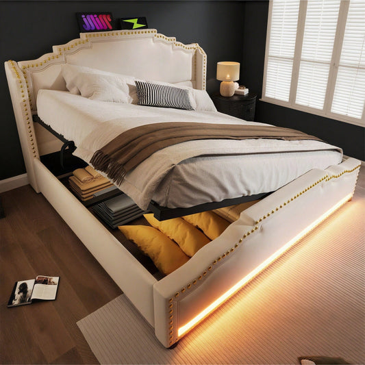 Polsterbett 160x200, Doppelbett mit hydraulischem Stauraum, LED-Beleuchtung und USB-C-Ladeanschluss, Stauraumbett und Jugendbett mit Lattenrost, Samt, Beige, ohne Matratze