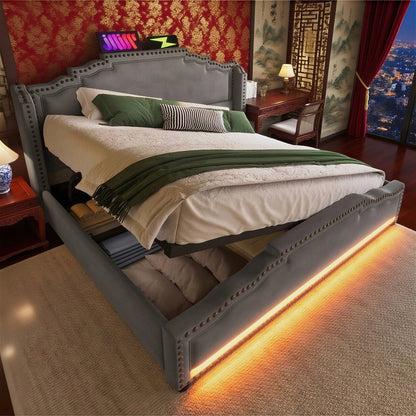 Polsterbett 160x200, Doppelbett mit hydraulischem Stauraum, LED-Beleuchtung und USB-C-Ladeanschluss, Stauraumbett und Jugendbett mit Lattenrost, Samt, Beige, ohne Matratze