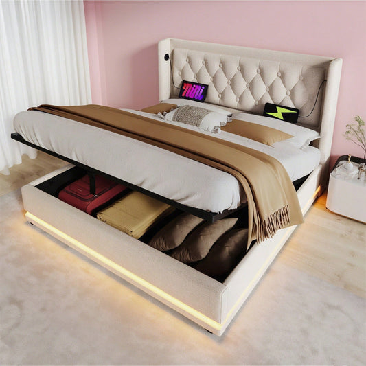 Polsterbett Doppelbett 160*200 cm,Beige Baumwolle-Material Hydraulisches Stauraumbett, gepolstertes Kopfteil mit USB Typ-C Ladefunktion, 3-seitige LED-Funktion