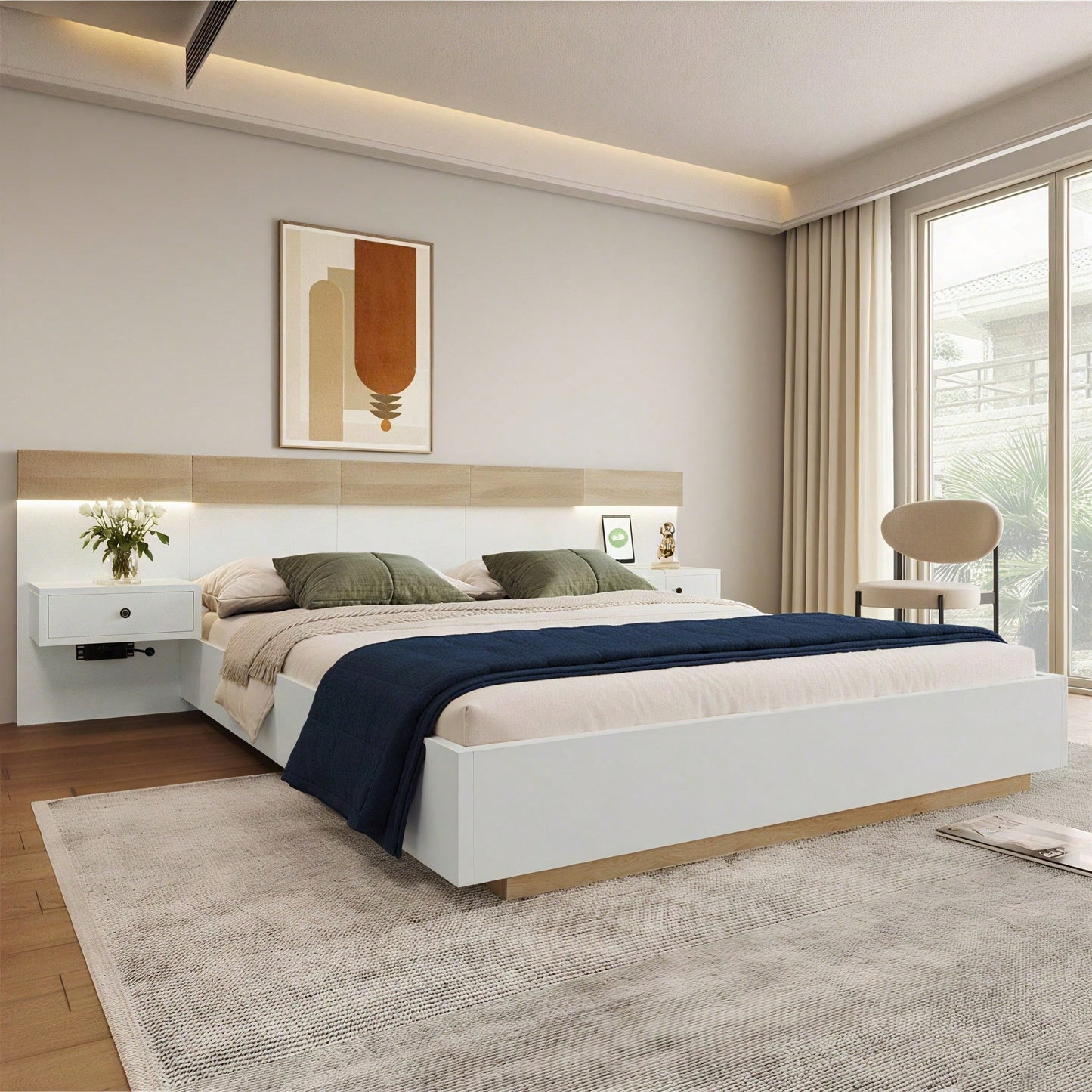Doppelbett Bettanlage mit 2 LED Nachtkommoden& USB C Steckdose 140 x 200 cm Holzbett inkl. 2 Nachttischen Schlafzimmer Komplett--205x244x90.5 cm(L/B/H) Set in Eiche Sonoma/Weiß