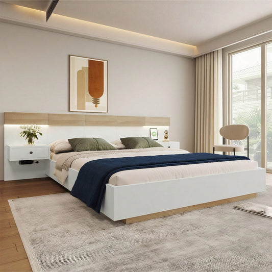 Doppelbett Bettanlage mit 2 LED Nachtkommoden& USB C Steckdose 140 x 200 cm Holzbett inkl. 2 Nachttischen Schlafzimmer Komplett--205x244x90.5 cm(L/B/H) Set in Eiche Sonoma/Weiß