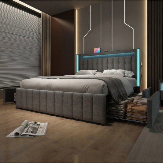 Polsterbett USB Typ C Ladefunktion LED-Beleuchtung und 4 Schubladen, Jugendbetten 140x200cm Doppelbett Stauraumbetten Bettgestell, Lattenrost aus Holz, Grau