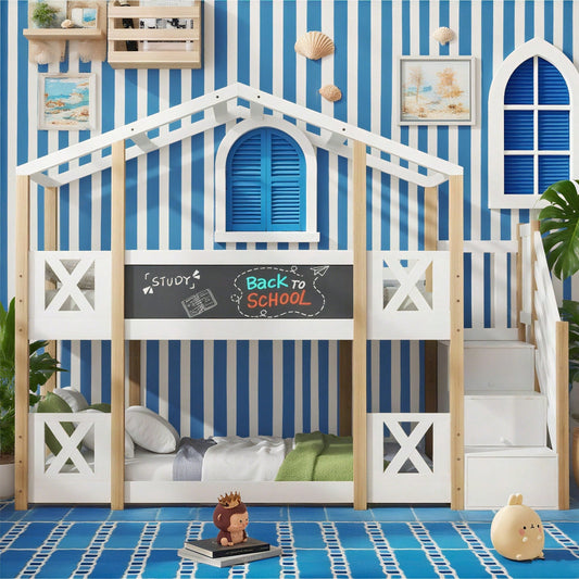 Etagenbett 90 x 200 cm,Kinderbett Baumhaus mit Treppe Stauraum und Rausfallschutz, Hochbett für Kinder– 2x Lattenrost- Natur & Weiß